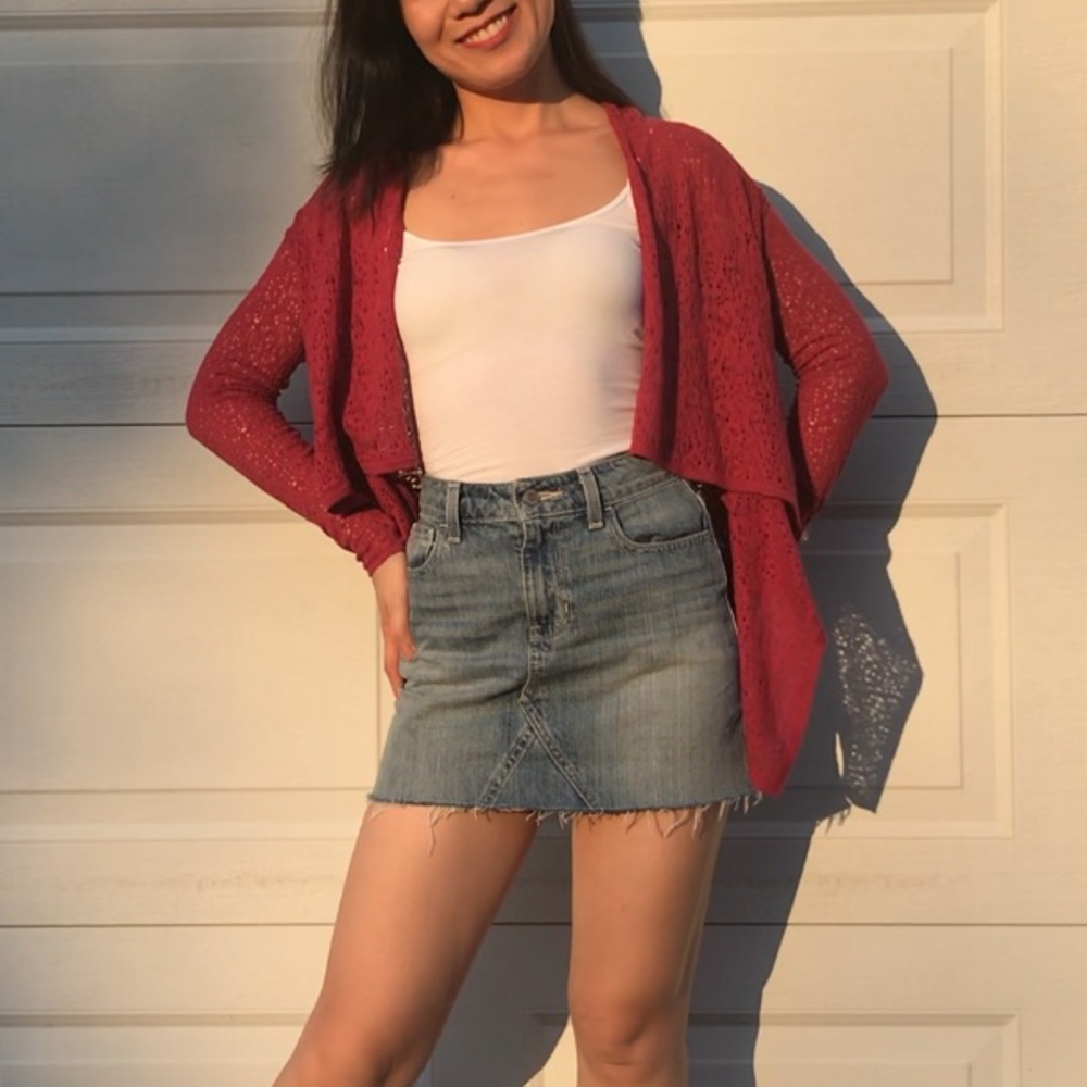 Red Lacey Handkerchief Drapey Knit Cardigan XS